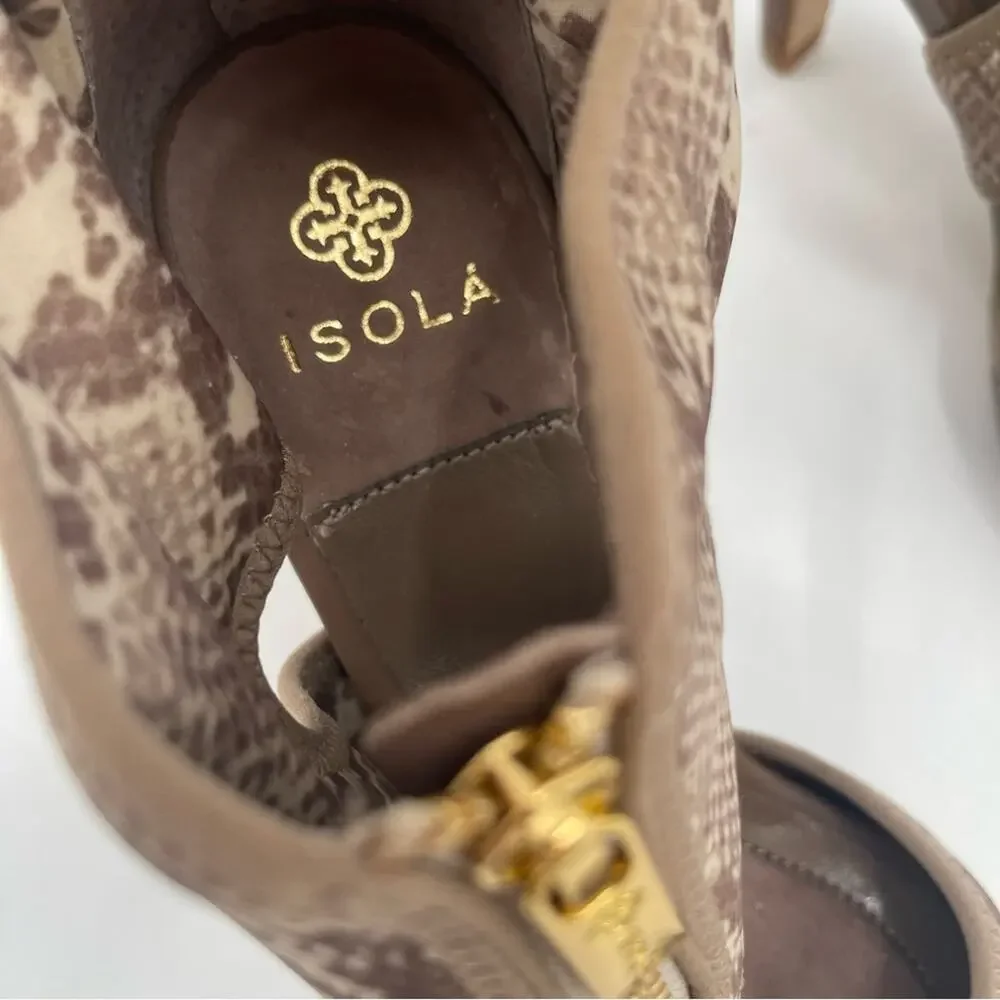 NEW ISOLA Shoes Size 9 Neoprene Snakeskin Nude Natural Gold Zipper Animal NWOT